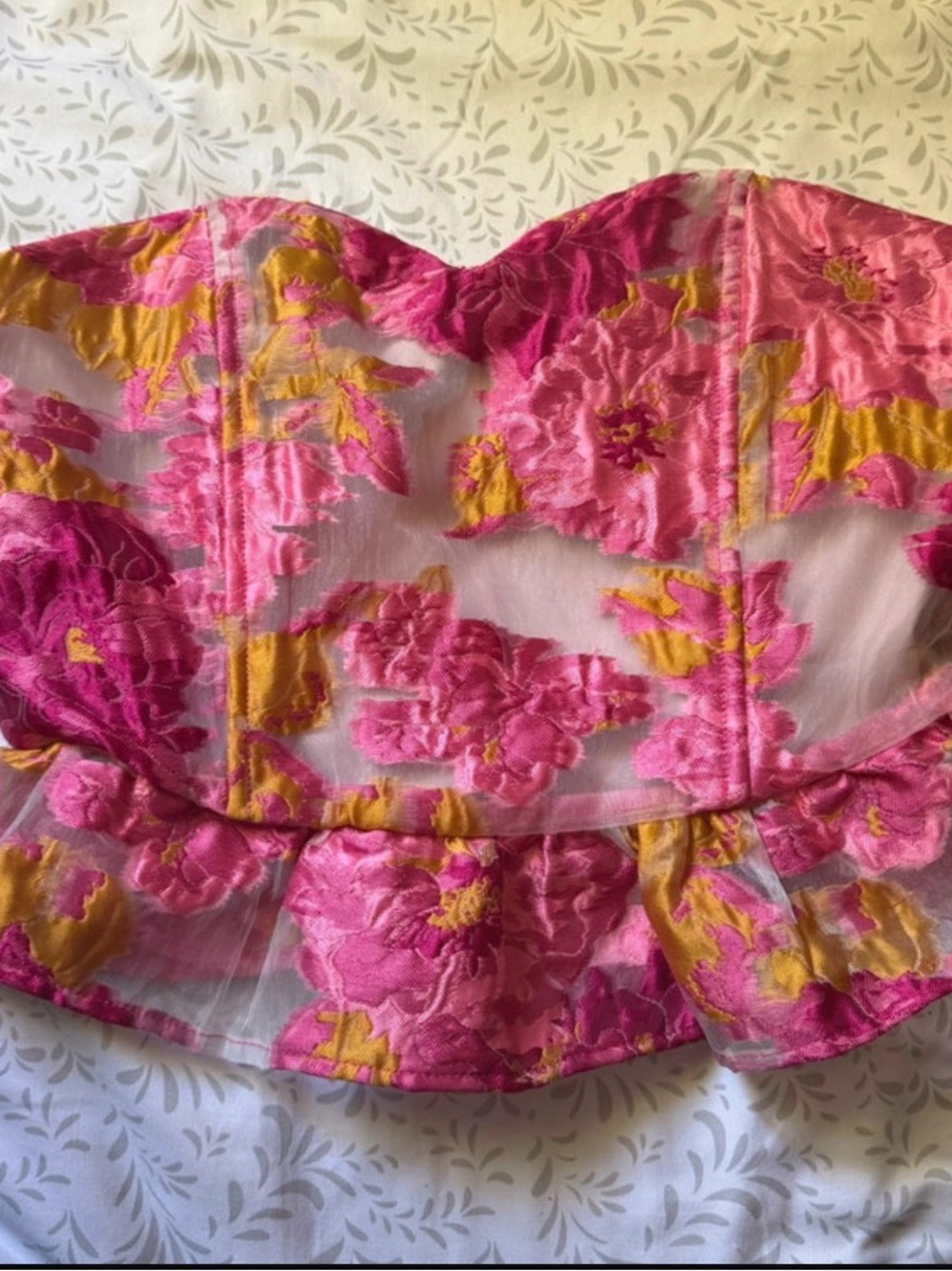 Women’s Pink & Gold Floral Strapless Peplum Top corset Sz M